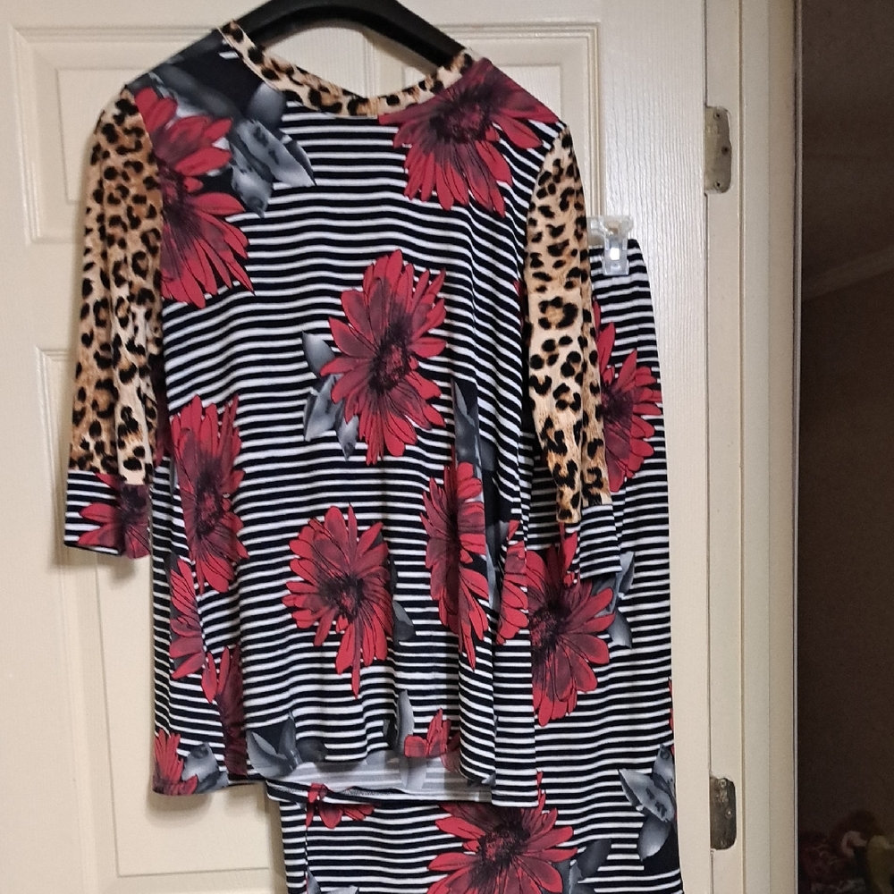 Floral and Leopard Print Top and Skirt Set